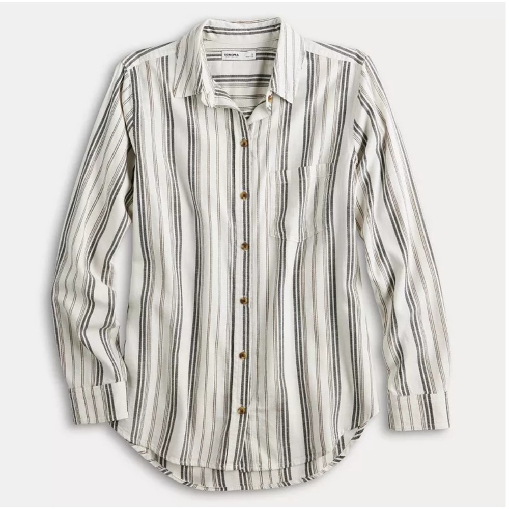 Sonoma Goods For Life Womens XL Striped Button Up Shirt White Gray Cotton Rayon